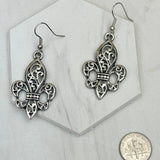 Silver Tone Fleur de Lis Scroll Dangle Earrings