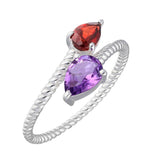Amethyst & Garnet Bypass Rope Ring | 925 Sterling Silver Artisan