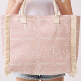 Boho Geometric Elephant Print Fringe Tote Bag in Dusty Pink