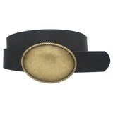 Black Western Rope Trim Vegan Leather Belt with Oval Burnished Gold Buckle