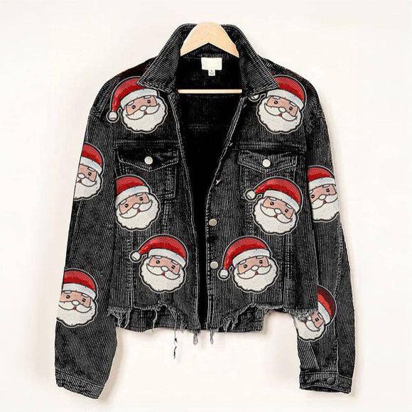 Sequin Santa Patch Cropped Cotton Corduroy Distressed Shacket Black