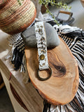 Hand-Cut Distressed Leather Key Fob in White, Black & Gold