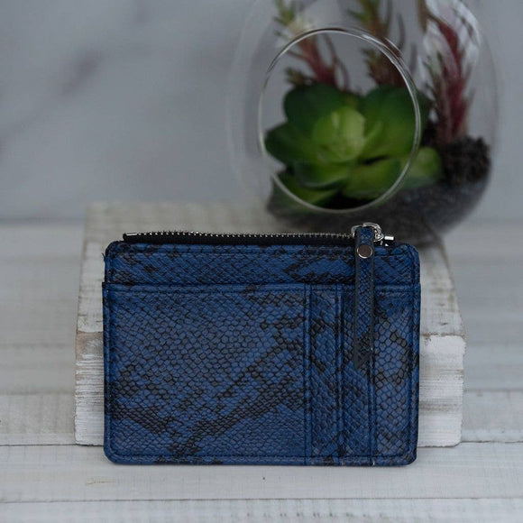 Molly Vegan Leather Snake Print Coin Zipper Tousled Pouch Blue Black