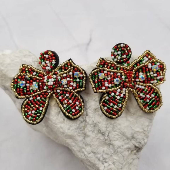 Christmas Seed Bead Bow Earrings