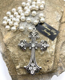 Vintage Pearl Beaded Cross Necklace | Cream Glass Bead Rosary Chain & Crystal Accent | 18"