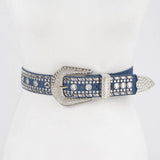 Rhinestone & Metal Studded Elastic Belt in Light Blue