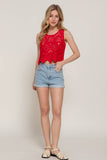 Sleeveless Round Neck Cotton Crochet Crop Tank Top Red