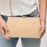 Samira Beaded Evening Bag | Champagne with Gold Hardware & Chain Strap