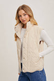 Button Down Quilted Puffer Vest with Pockets Creamy Beige