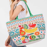Fruit Boho Print Pom Pom Fringe Tote Bag in Multi