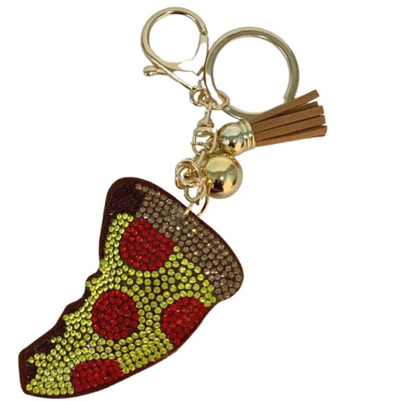 Bling Crystal Pepperoni Pizza Tassel Keychain Keyring Bag Purse Charm