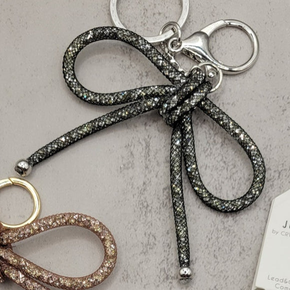 Gun Metal Mesh Coquette Bow Keychain Bag Charm