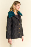 Fluffy Cable Knit Button Front Cardigan with Fuzzy Collar Charcoal Green