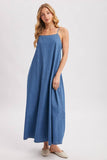 Denim Open Back Maxi Dress - Sleeveless Tent Dress with Pockets