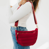 Crimson Red Quilted Puffer Sling Belt Crossbody Bag