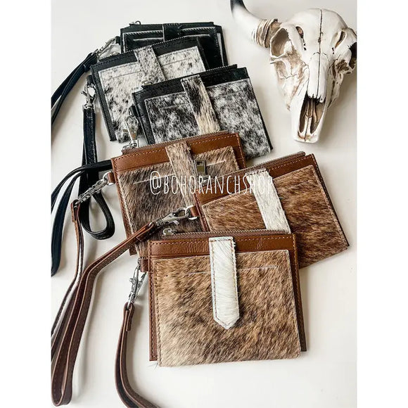 Western Cowhide Leather Wristlet Wallet Money Coins Black and White