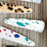 Western Hair On Cowhide Hair Clip Barrette: WHITE + TURQUOISE