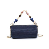 Rachel Woven Barrel Clutch | Navy with Beaded Handle & Chain Strap