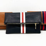 Toni Vegan Leather Preppy Stripe Fold Over Convertible Clutch Black Red White