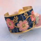 Vintage Pink & Blue Embroidered Ribbon Cuff Bracelet – Gold Tone