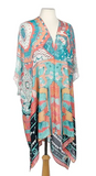 Turquoise Coral Abstract Floral Boho Print Kimono Wrap Cover Up