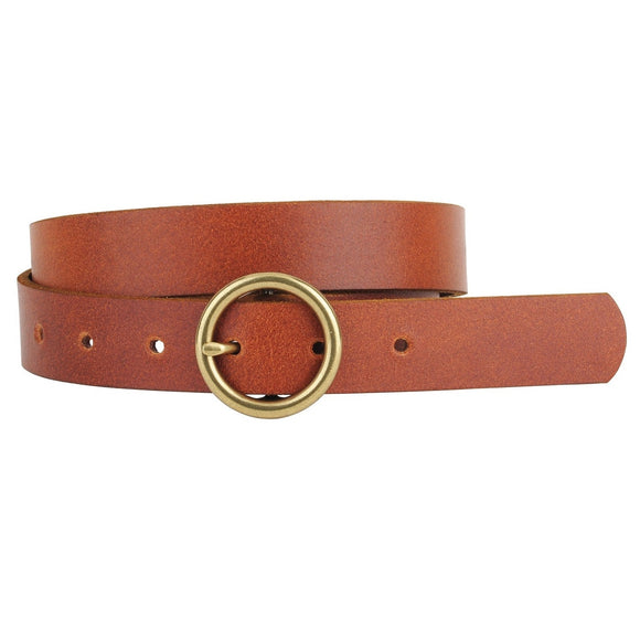 Brass Toned Circle Buckle Leather Belt Brown
