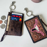 Longhorn Western Cowhide Tooled Leather Keychain Wallet Pink Outline