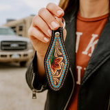 Floral Tooled Leather Hand Painted Key Chain Bag Charm