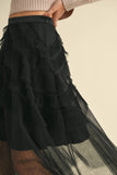 Frill Mesh Tulle Midi Skirt Black