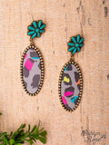 Vinyl Records Turquoise Flower Grey Multicolor Leopard Oval Dangle Earrings