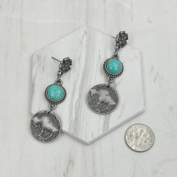 Silver Flower Buffalo Concho with Blue Turquoise Stone Dangle Earrings