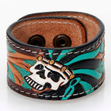 American Darling Turquoise Skull Tooled Leather Cuff Bracelet