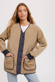 Color Block Lightweight Quilted Button Front Jacket Olive