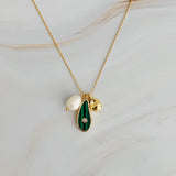 Ellie Three Charms Necklace | 18k Gold Plated | Malachite & Pearl