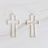 Dangle Cross Outlined Earrings Silver Tone