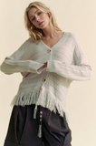 Fringed Textured Stripe Button Front Knit Cardigan Silver Grey