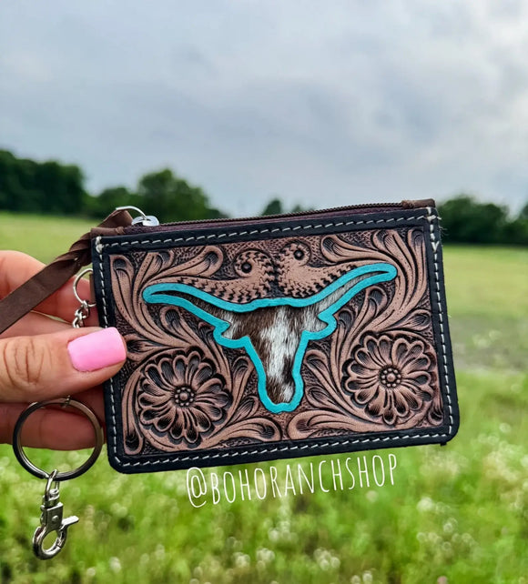 Longhorn Western Cowhide Tooled Leather Keychain Wallet