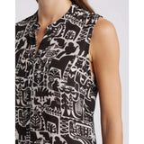 Black White Animal Printed Button-Up Sleeveless Blouse