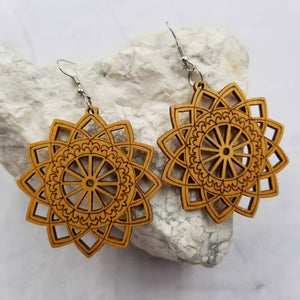 Boho Etched Wood Flower Dangle Earring