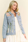 Floral Embroidery Mesh Denim Jacket | Sheer Panel Button-Front