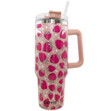 Strawberries Printed Stainless Steel Tumbler 40 oz with Handle Peach Pink