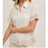 Cotton Embroidered Lace Trimmed Button Shirt Creamy Natural