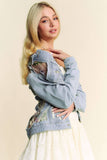 Floral Embroidery Mesh Denim Jacket | Sheer Panel Button-Front