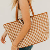 Woven Tiffany Organizer Tote Bag Brown White Checkered