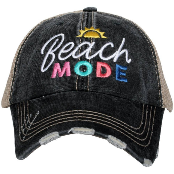 Embroidered Beach Mode Distressed Black Denim Trucker Hats