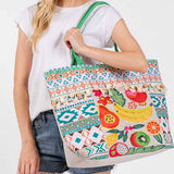 Fruit Boho Print Pom Pom Fringe Tote Bag in Multi