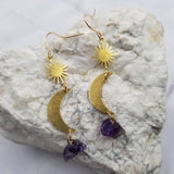 Natural Purple Crystal Celestial Sun And Moon Dangle Earrings