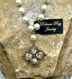 Vintage Boho Crystal Floral Charm Necklace | Cream Glass Bead Rosary Chain | 18"