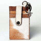 Genuine Cowhide Leather Keychain Cardholder Wallet with Snap Closure Brown White