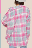 Pink Plaid Button Front Relaxed Raw Hem Shirt
